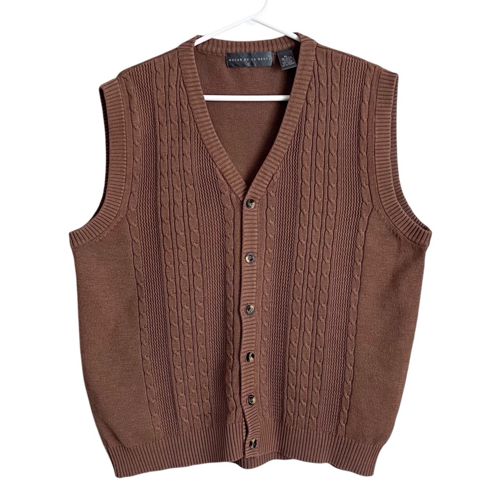 Oscar de la Renta VTG Sweater Vest Tan Brown Cableknit Grandpa Normcore Men’s XL